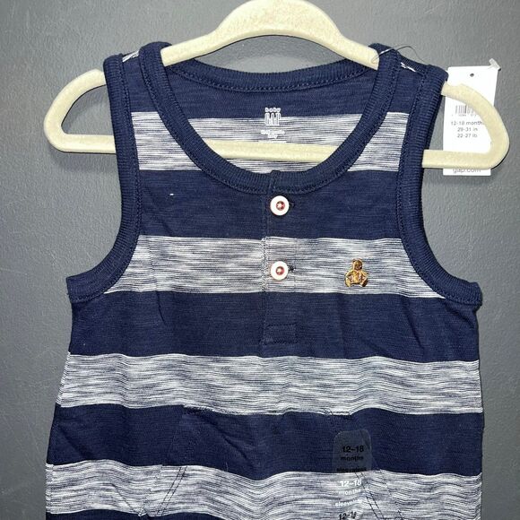 Baby GAP Longall Rompers Infants 12-18m Blue Gray Striped Sleeveless - Picture 2 of 10